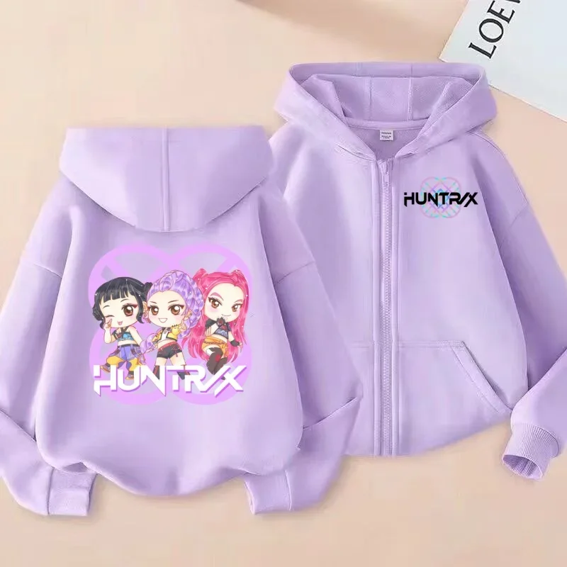 سترة قميص بسحاب للأطفال على طراز مجموعة الفتيات اللطيفة من HUNTRIX، سترة بغطاء للرأس مطبوعة برسوم كارتونية Q للفتيات #2