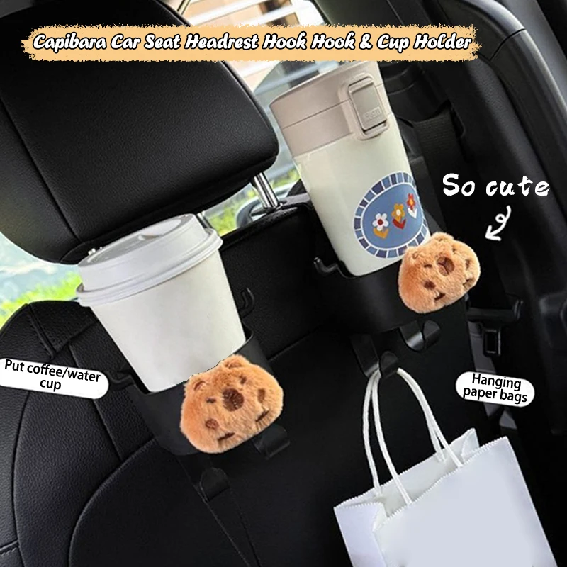 

Plush Capibara Car Seat Headrest Cup Holder Hook Multi-functional Capybara Auto Seat Back Hanging Hook Phone Holder