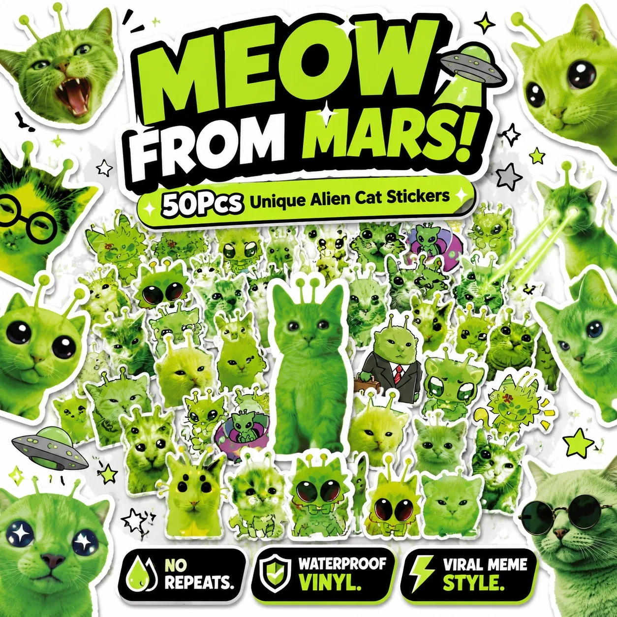 50Pcs Alien Cat Stickers Pack Green Weird Cat Decals for Laptop Water Bottle Scrapbook Journal DIY Decor Stickers