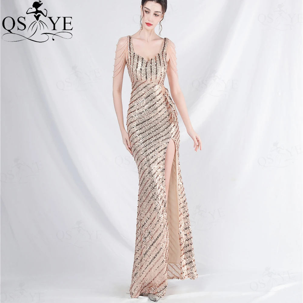 

Diagonal Stripe Gold Sequin Evening Dresses Mermaid with Slit Long Prom Gown Wide Shoulder Straps Beadings Party Formal Dresses