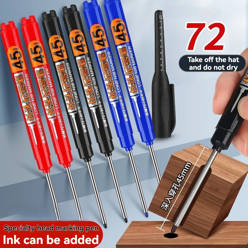 5/10 Stück 45 mm Spitze, wasserdichter Markierungsstift mit langem Kopf, schnell trocknende Tinte für Holzbearbeitungsbau, tiefes Loch, ungiftig, Schwarz, Rot, Blau
