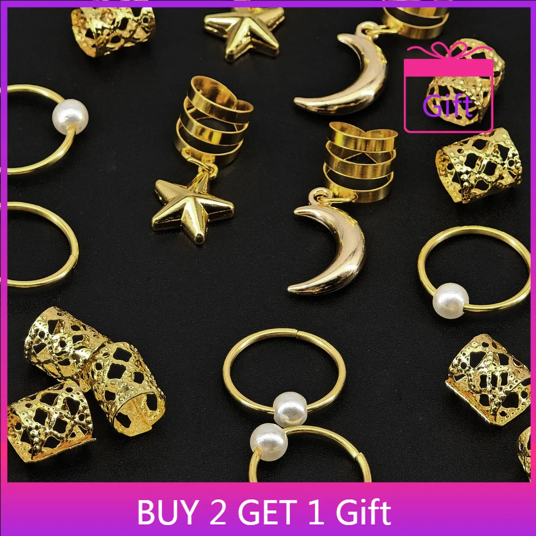 

34Pcs Gold Hair Beads Pearl Star Moon Pendants Metal Braid Cuffs DIY Unisex Dreadlocks Styling Accessories Kit