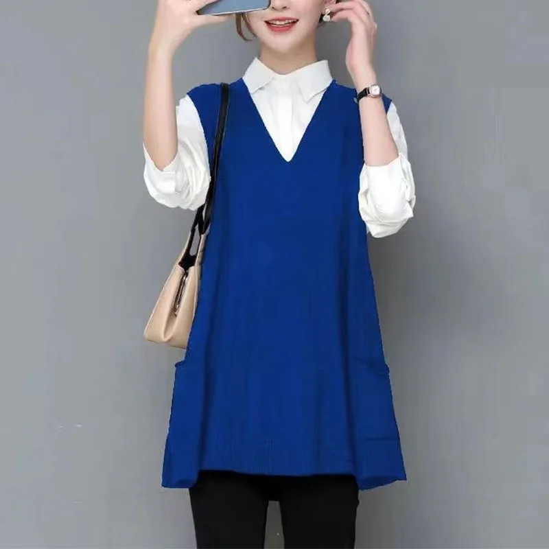 Spring Autumn Women Clothing Sleeveless Sweater Coat V-Neck Pockets Vintage Korean Long Fashion Casual Loose Knitted Vest Tops