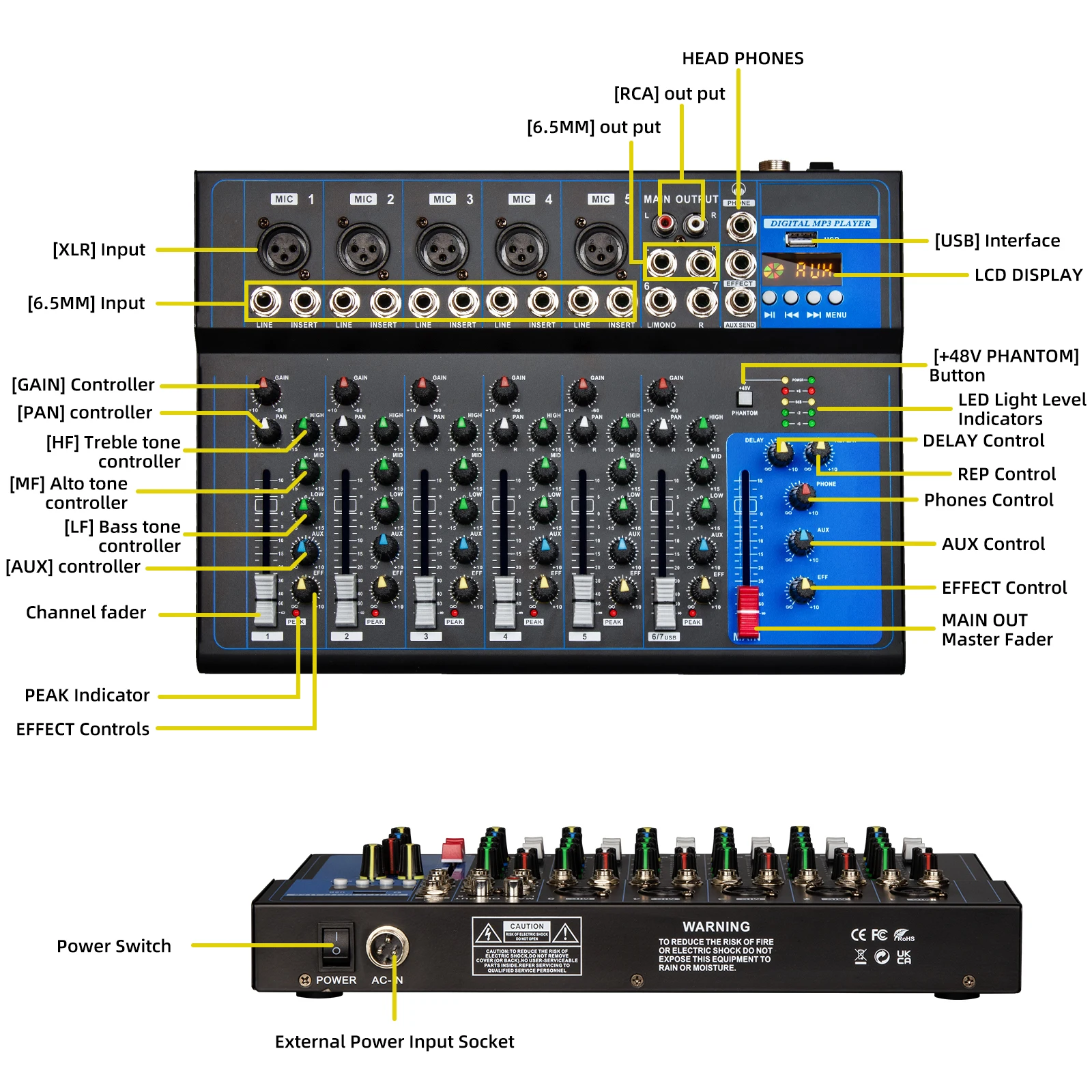 Mezclador profesional de 7 canales DEPUSHENG Interfaz USB portátil Reproducción Mezclador de DJ Consola de rendimiento