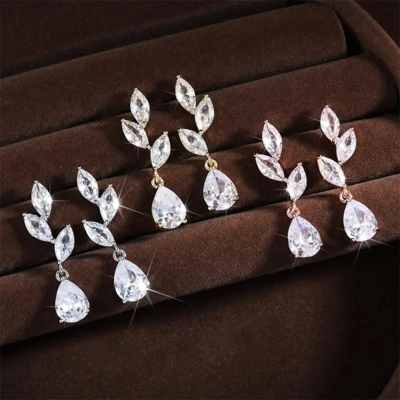 Uilz Classic Leaf Water Drop Zircon Earrings For Women Exquisite Compact Bridal Dress Earring Jewelry