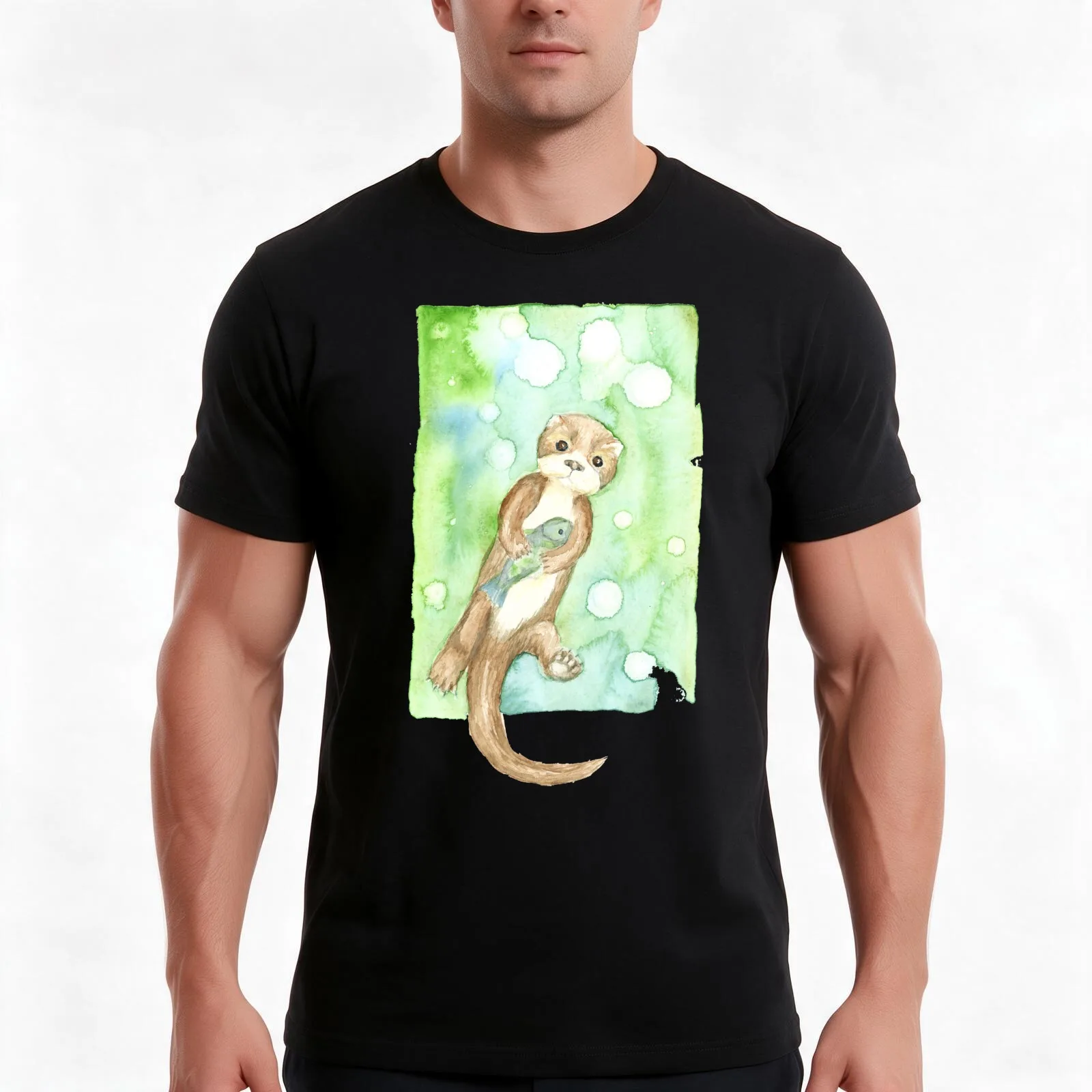 otter with fish floating on blue green T-Shirt, Summer Casual Cotton Tee, Oversized Streetwear Tops, Vintage Graphic Print