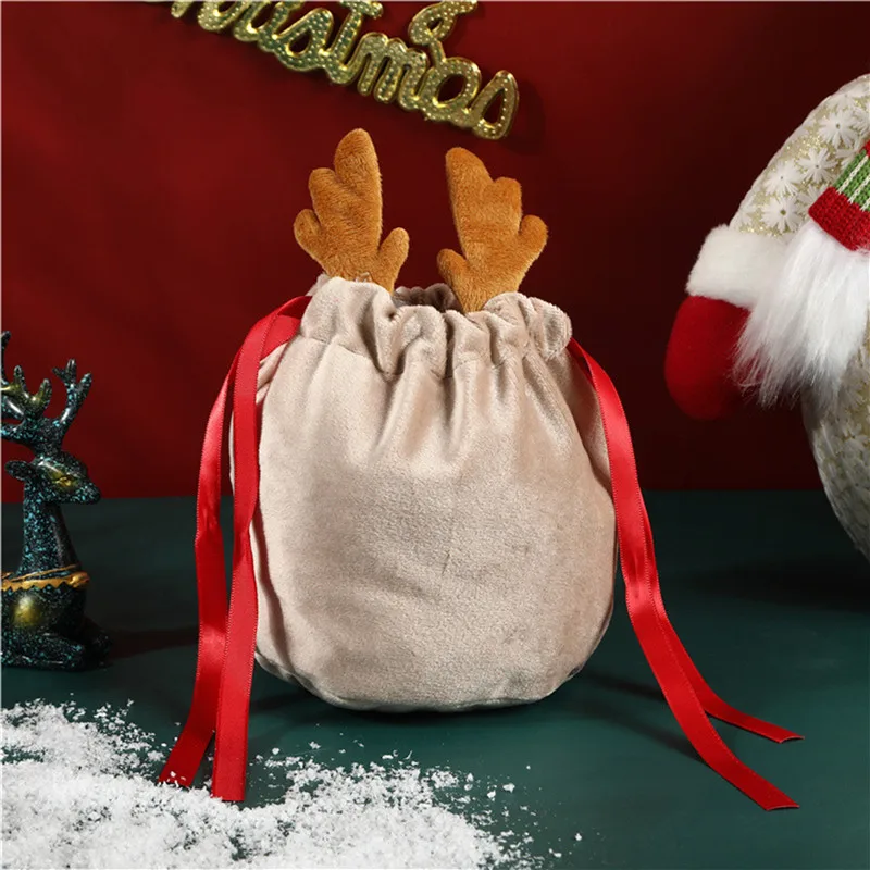 Christmas Candy Bags Antlers Bags Velvet Draw String Bunny Gift Packing Bags Dropshipping Bags Party Decoration 2024 New Year