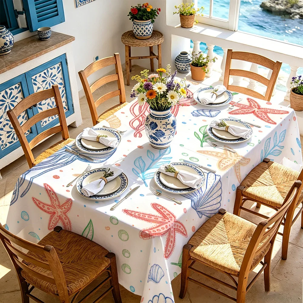 1 piece, marine life element tablecloth, made of printed polyester fabric, with lines depicting starfish.yzb
