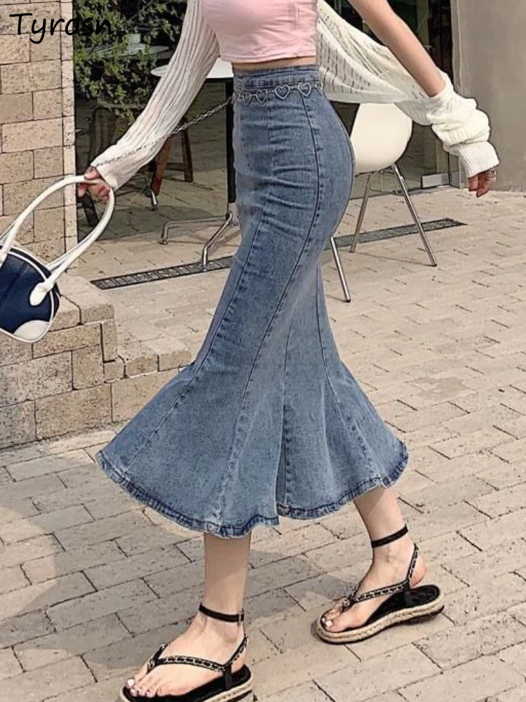 

S-5XL Denim Skirts Women Trumpet Design Elegant Sexy Fashion Ruffles Daily High Waist Summer Hotsweet Korean Style Slit Ladies