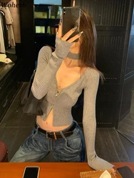 Fashion Double Zippers Cardigan Coat Women Clothing V Neck Long Sleeve Slim Fit Sueter Mujer All Match Knitted Cropped Sweater