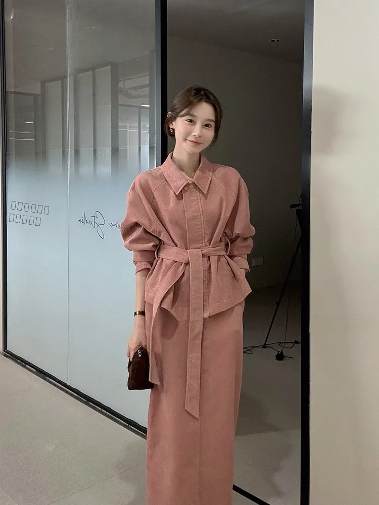 

ARE GuaGua 00 Cotton Sweet Cool Women's Autumn Winter Faion Set with Stand Collar Long Sve irt And High Waist Skirt