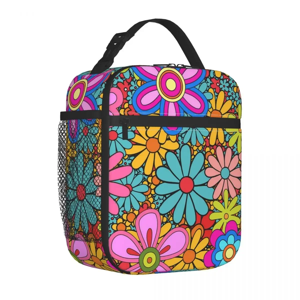 

Retro Flower Power Lunch Bag 60s 70s Flora Picnic Lunch Box For Adult Funny Thermal Lunch Bags Oxford Portable Zipper Cooler Bag