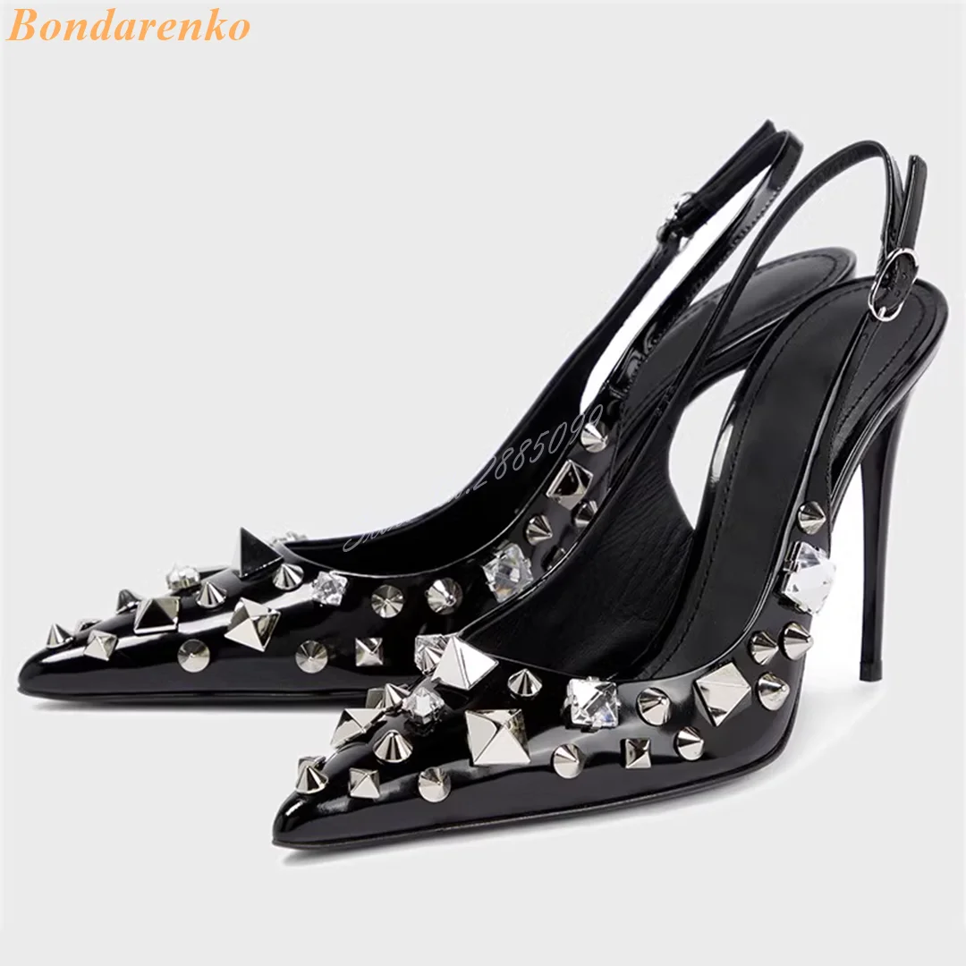 

Sexy Rivet Pointed Toe Pumps Crystal Slingback Buckles Straps Stiletto Heels Women Pumps Shoes Summer Designer Party Runway Shoe