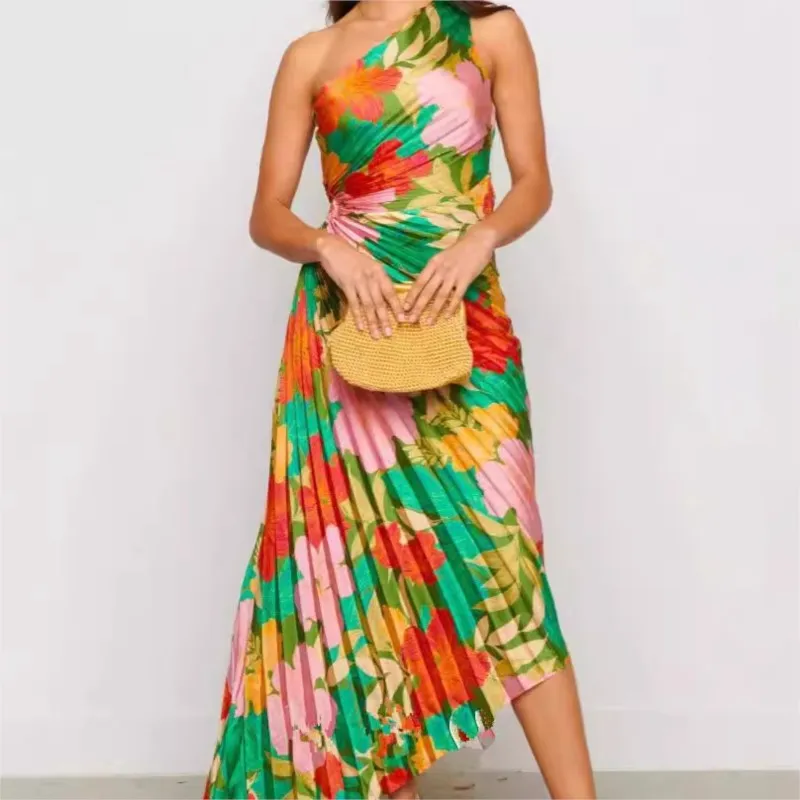 

Trend Women's Long Dress Print Irregular Pleated Hollow Out Skew Collar Party Dress Ladies Sleeveless Patchwork Dress Vestidos