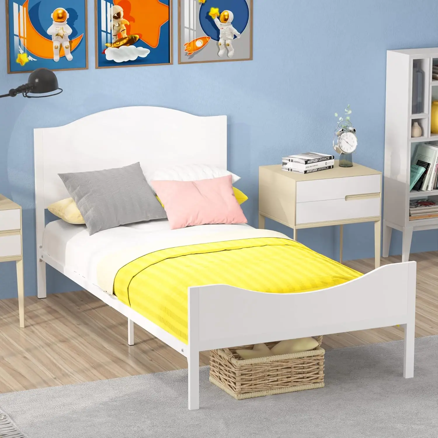 Kids Twin Bed Frame with Wooden Headboard and Footboard, Metal Platform Bed Frame for Boys Girls Teens Adults, Modern Kids Bed F