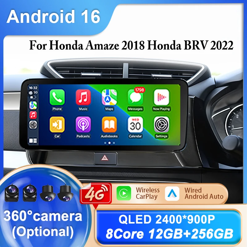Reproductor Multimedia para Auto Android 16 de 12.3 Pulgadas para Honda Amaze 2018 Honda BRV 2022, Carplay, GPS, Navegación, WIFI, BT, Unidad Principal de Audio