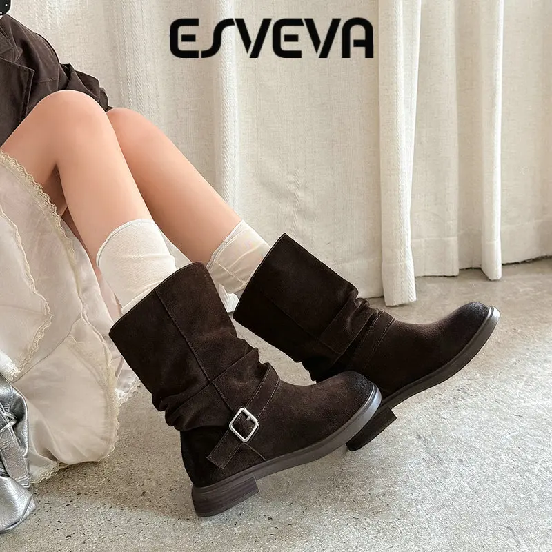 ESVEVA 2027 Fashion Women Mid Calf Boots Cow Suede Leather Winter Woman Shoes Mid Heel Autumn Motorcycle Short Boots 34-40