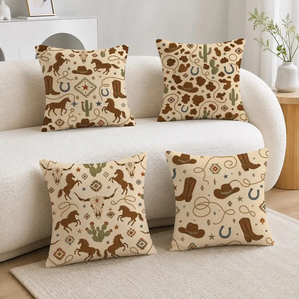Vintage Western Western Cowboy Style Cushion Cover Soft Fluffy Short Plush  Pillow Case  Sofa Bed Home Decor