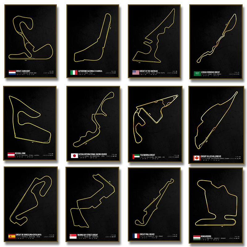 Modern World Racing Circuits Track Poster Prints  Barcelona Italy France Canvas Painting Wall Art Picture Room Garage Home Decor