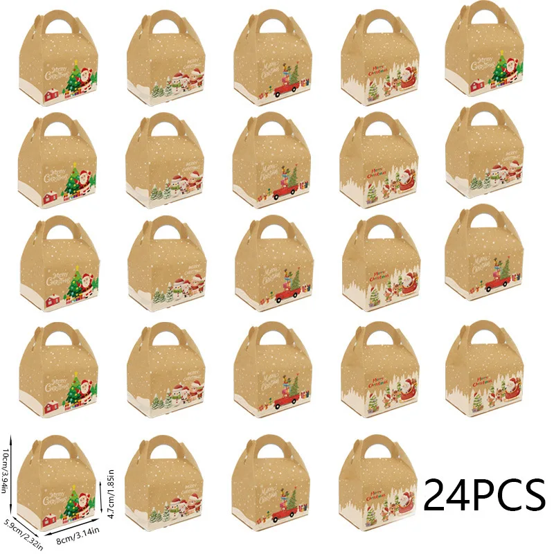 24 Stück Weihnachtsmann, Schneemann, Rentier, Lebkuchen, Weihnachten, Karton, Geschenk, Süßigkeiten, Kekse, Box, Griff, Urlaub, Party, Geschenkzubehör