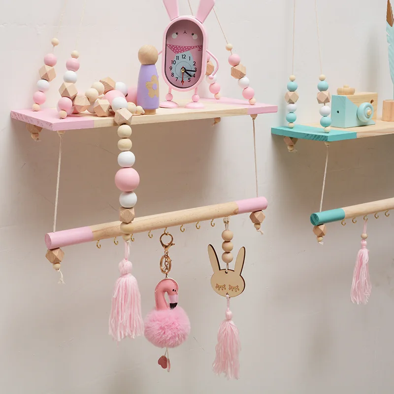 Nordic Style Colorful Beads Tassel Wooden Wall Shelf Wall Clapboard Decoration Children Room Kids Clothing Store Display Stand