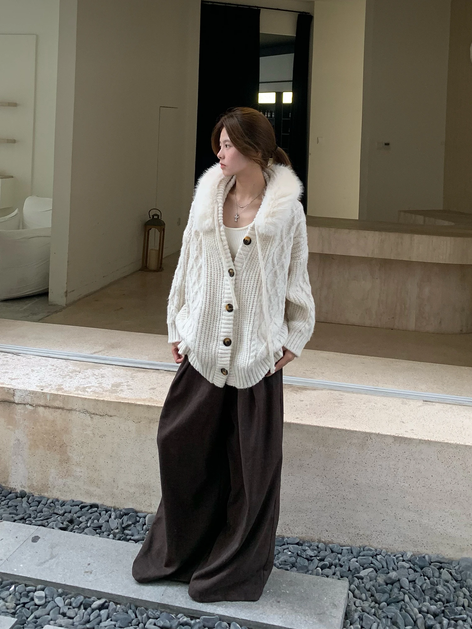 

E7Q8 Korean Sle Loose Knitted Cardigan Women's Sweater Coat with Fur Collar Casual Versatile Long Sve V-Ne Warmth Adding