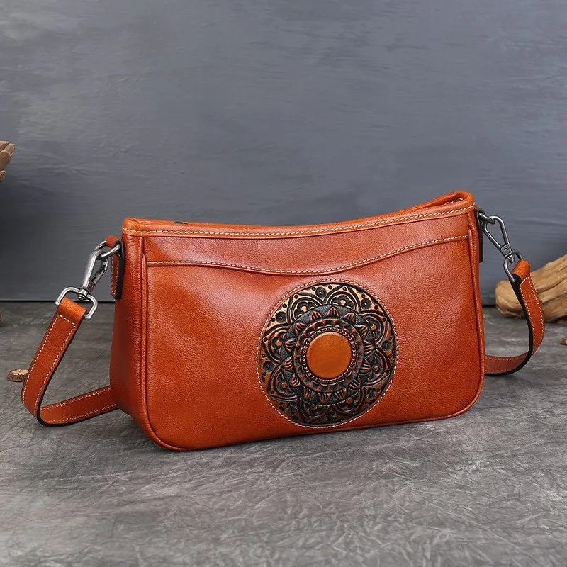 

Johnature Totem Embossed Women's Bag Genuine Leather Versatile Retro Soft Cowhide Shoulder Crossbody Bag