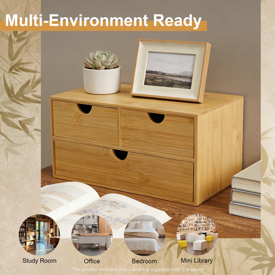Organizador de escritorio de bambú color madera natural con 3 cajones, mini cajón de escritorio, caja de almacenamiento para artículos diarios 5