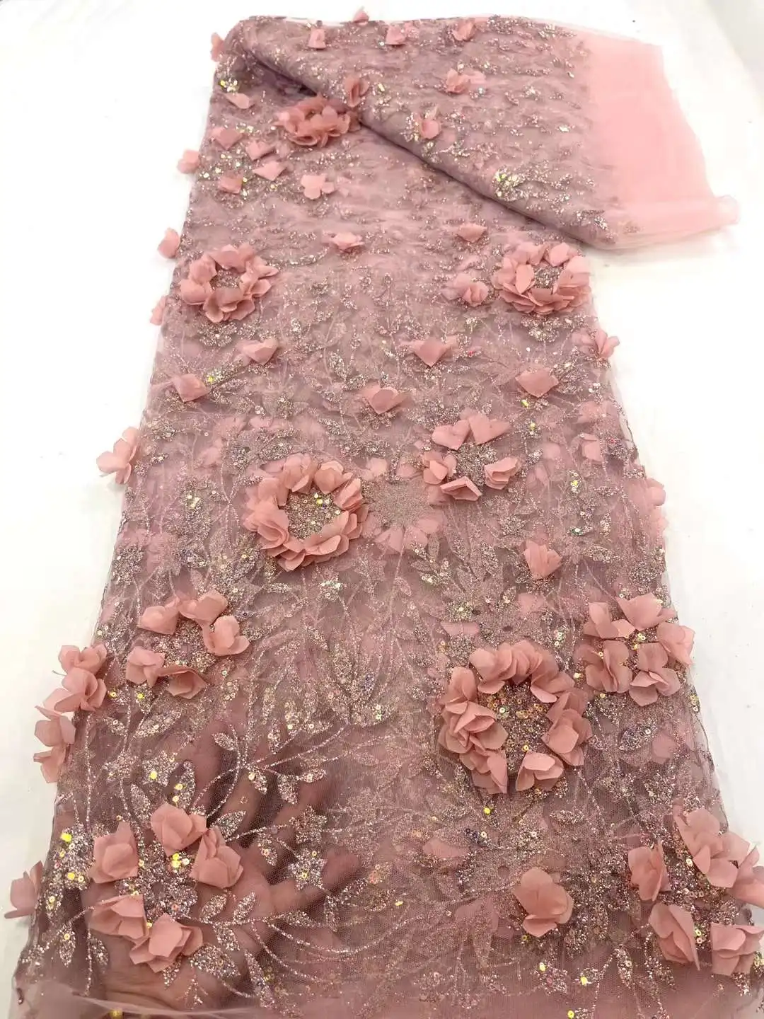 

5 Yards African 3D Flower sequins Lace Fabric 2023 High Quality French Nigerian Embroidery Tulle Fabric For Wedding Dress Sewing