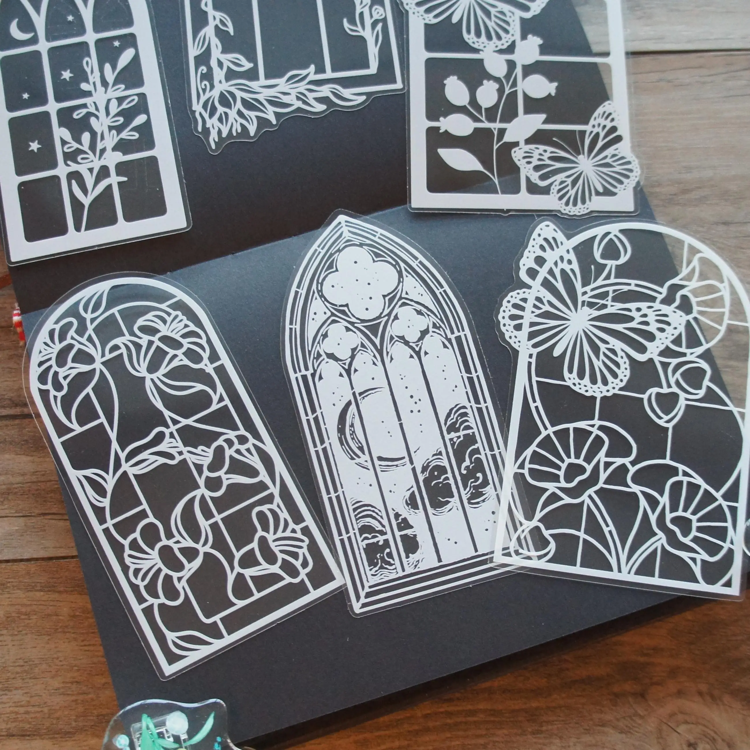 14 Uds. De pegatinas estilo puerta de hierro con castillo y ventana de Luna blanca, etiqueta decorativa para embalaje de regalo DIY para álbum de recortes