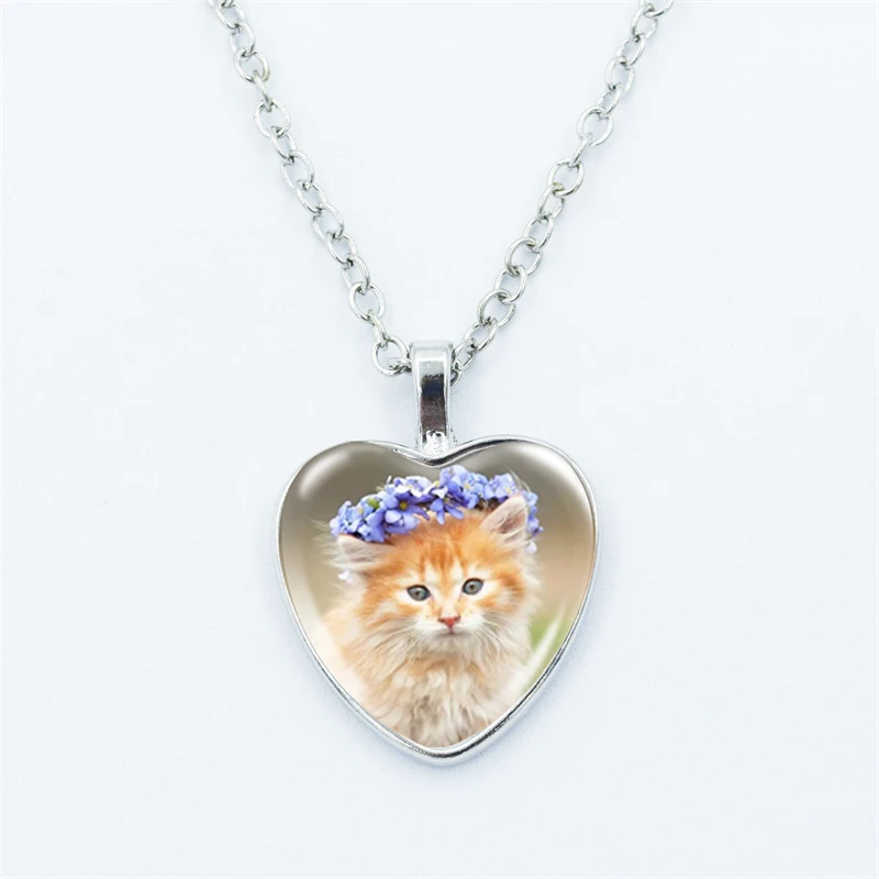 Cute Pet Cat Heart Pendant Necklace For Women Fashion Metal Glass Gem Face Fine Chain Jewelry Child Gift Accessories