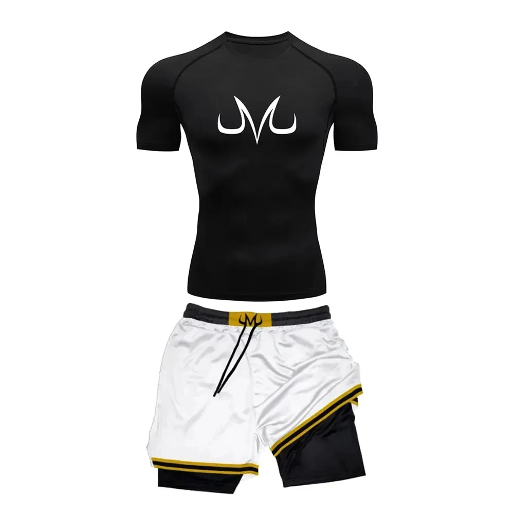 Anime Men Compression Tight Suit Quick-drying Short-Sleeved Double-Layer Shorts GYM Sports Fitness Suit Casual Summer Sportwear