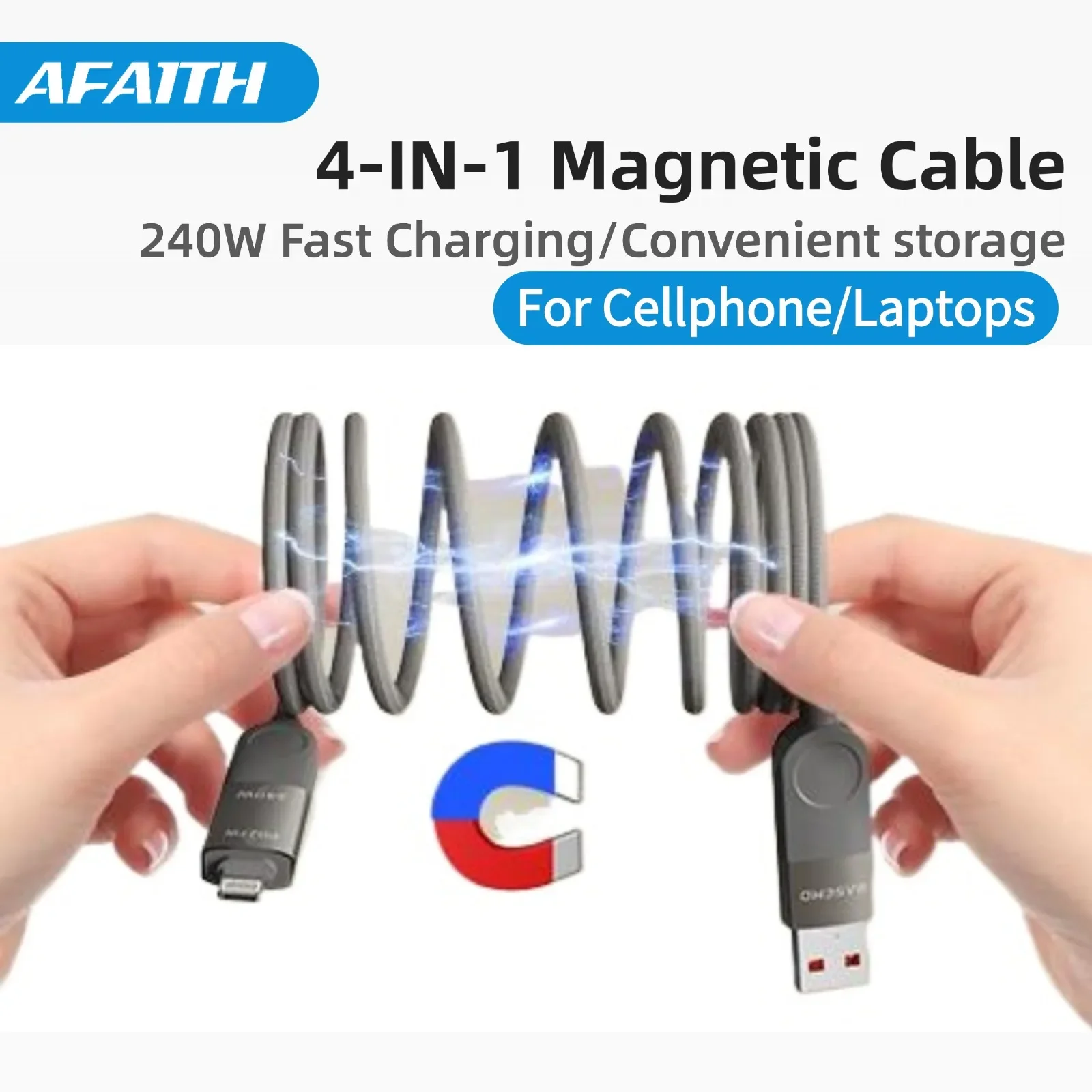 

AFaith 4-in-1 Magnetic Fast Charging Data Cable for iPhone 16 Pro Max 15 14 13 Samsung 240W USB/Type C to USB C / Lighting Cable