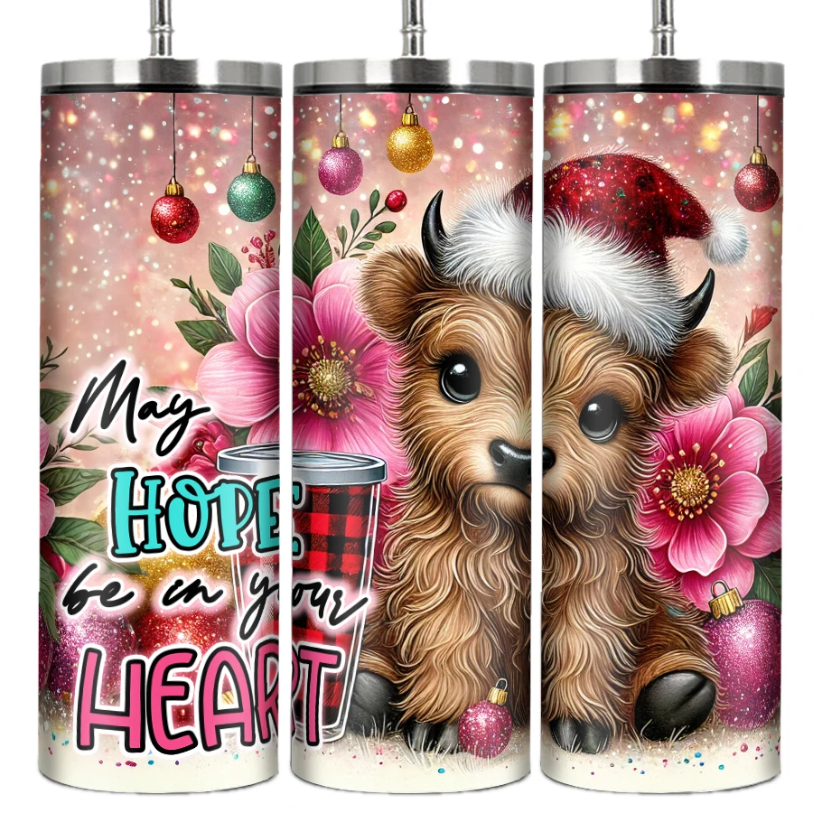 20oz Cups Lid Straw Stainless Steel 1Pc Insulated Christmas Water Bottle 3D Print Cute Calf Xmas Party Decors Gifts