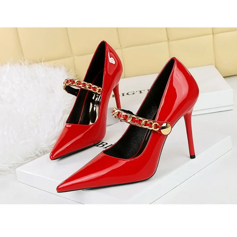 

BIGTREE Women Fashion Shoe Sexy Women Pumps Ankle Pointed Toe Chain Patent Leather 10CM Thin Heels Buckle Strap Dress Woman Shoe