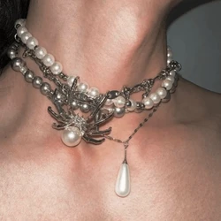 Gothic Multi Strand Spider Crystal Reflective Faux Pear Pendant Necklace for Women Men Y2K Grunge Aesthetic Multilayer Necklace