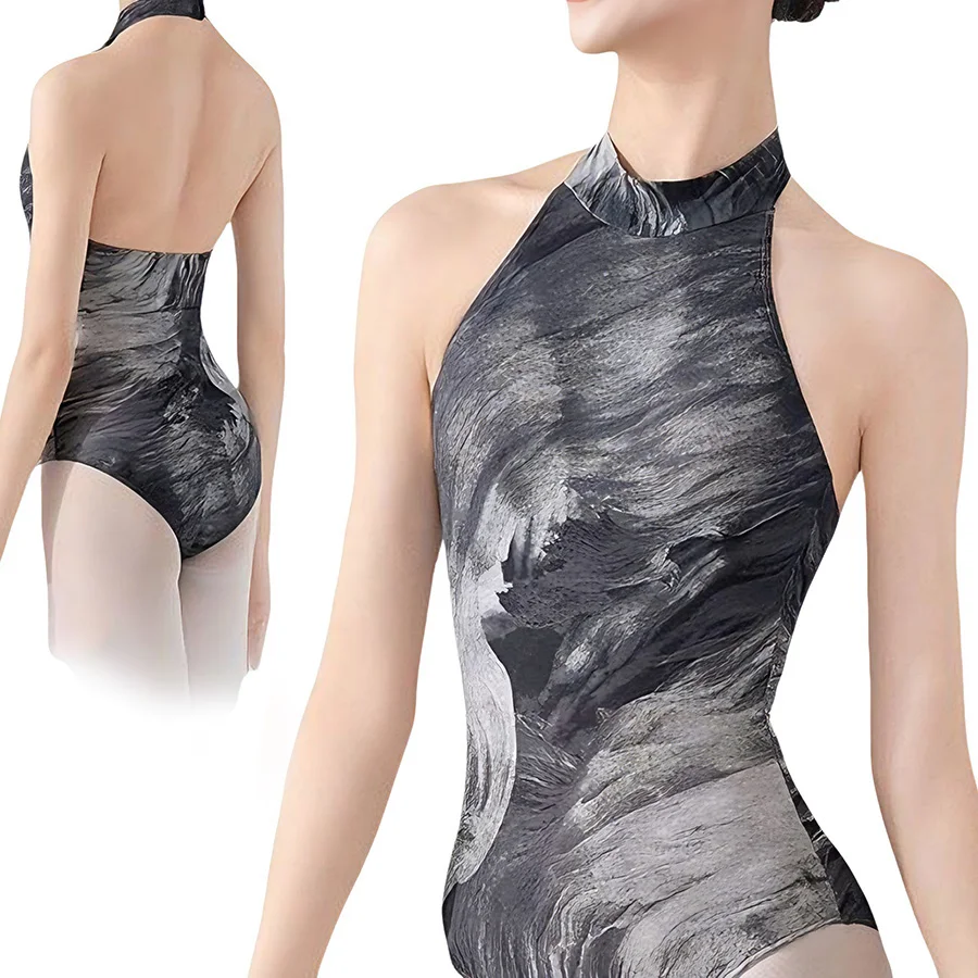 New Daily Practice Ballet Dance Leotard Women Ink Wash Print Team Gymnastics Dancing Clothes Adult Advanced Ballet Leotard