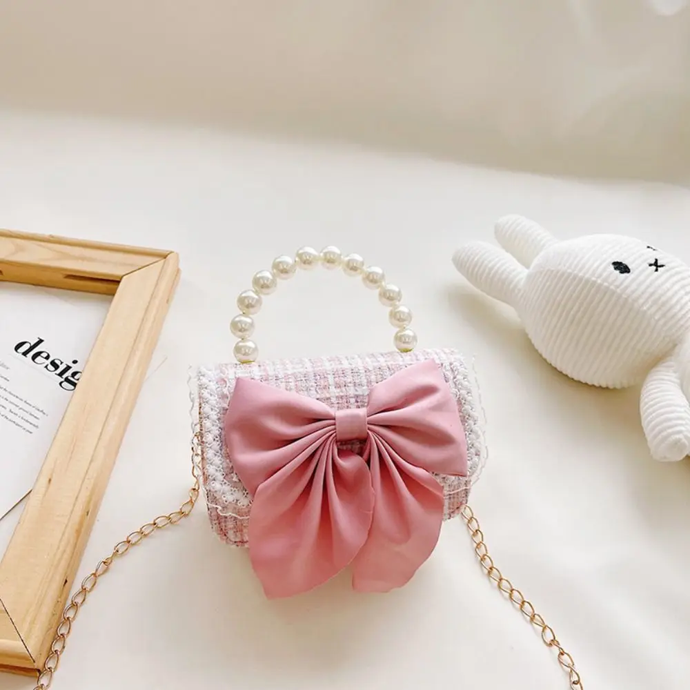 Pearl Bow Princess Crossbody Bag Personalized Small Fragrance Style Ultra-light and Wear-resistant Handheld Pouch PU Pure Color