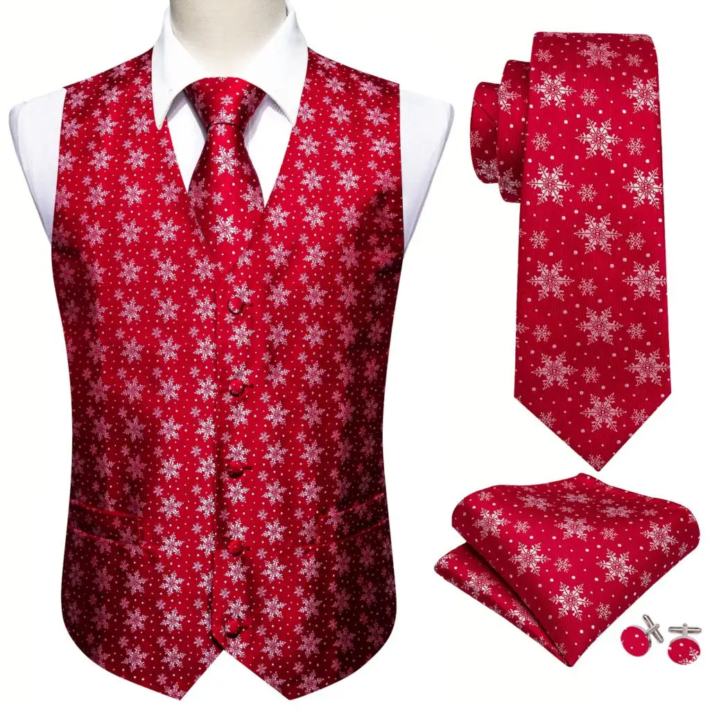 Luxury Silk Christmas Men Vest Red Snowflake Xmas Waistcoat Tie Pocket Square Set Sleeveless Jacket Formal Party Suit Barry Wang