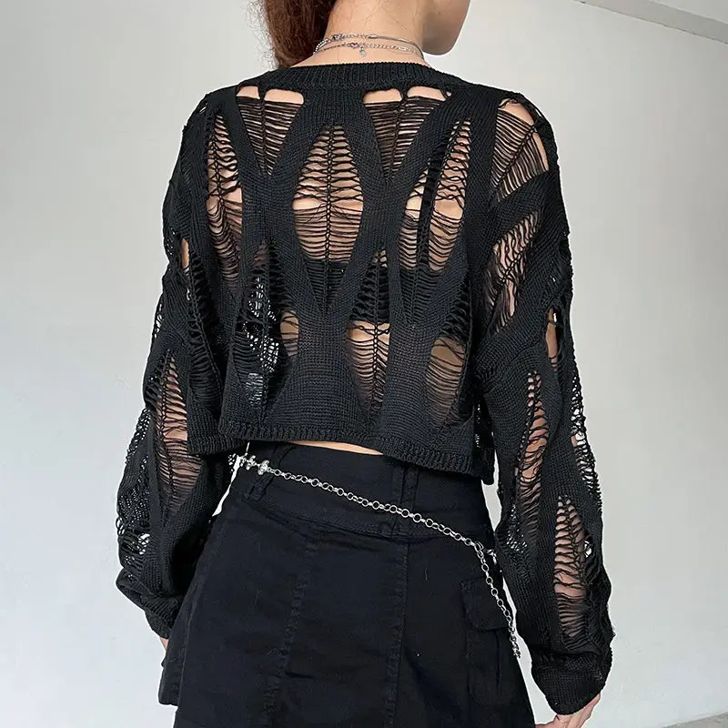 Long Sleeve T-shirts Women Hollow O-neck Ripped Chic All-match Outerwear Sun-proof Sexy Loose Short Knitting Female Minority Ins