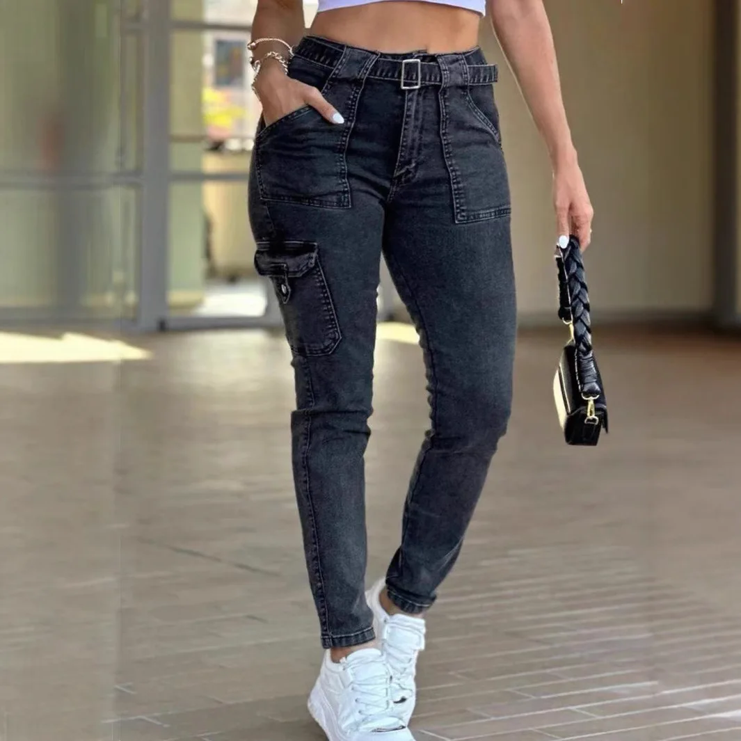 

2026 Spring Summer Women's Skinny Jeans Pants High Elastic Black Denim Trousers Cargo Casual Bottoms