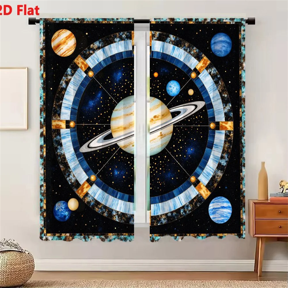 2Pcs Curtains 2D Flat Artistic Cosmic Solar System Quilt Decorative Illustration with Saturn-like Central Planet and Colorful Pl