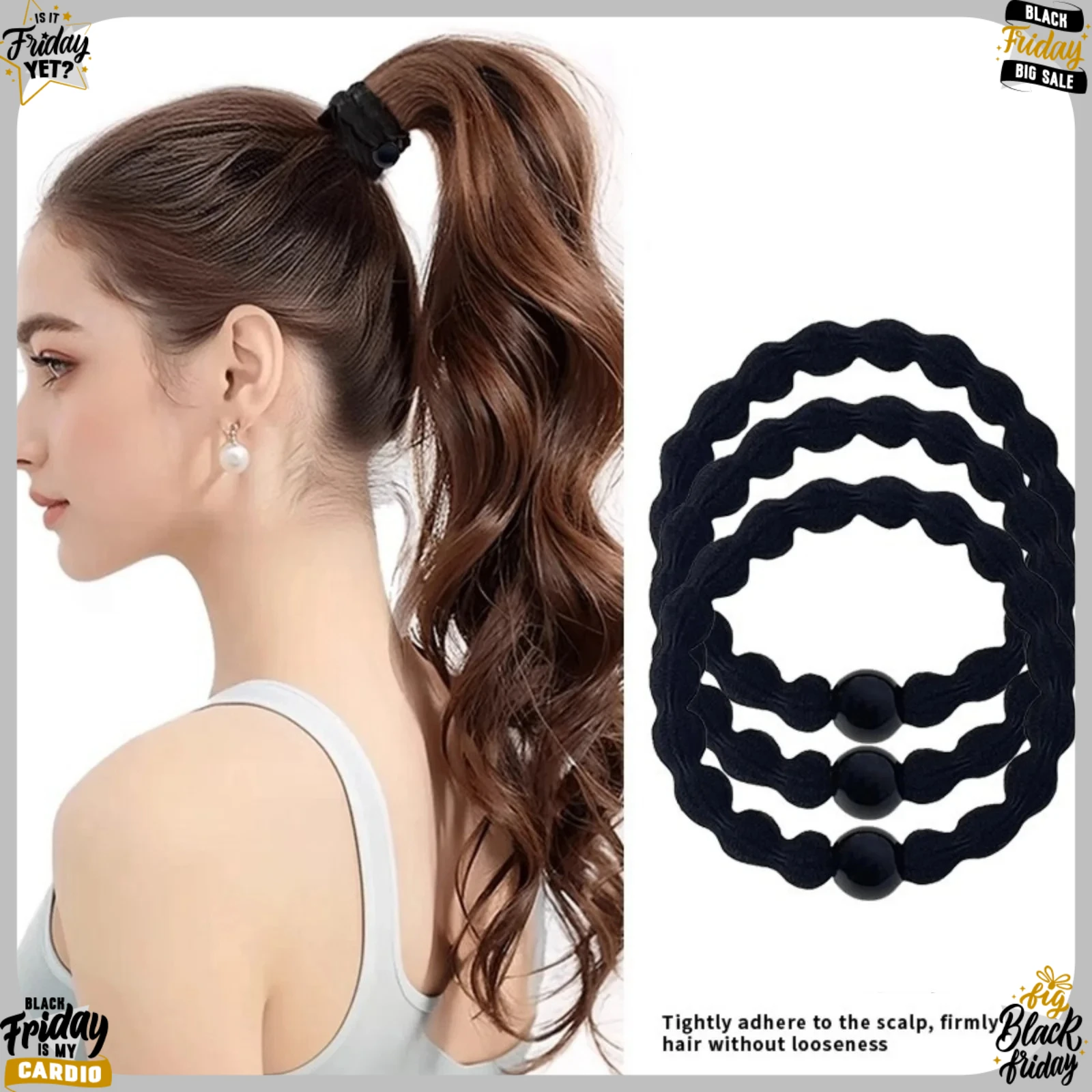 5/10PCS Classic Minimalist Sporty Hair Ties, 5 Pack Black Beaded Elastics, Strong - Hold Bands for Ponytails, Ideal for Workouts