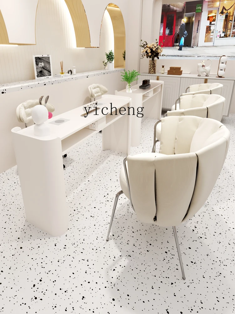 ZC Cream Style Stainless Steel Nail Table and Chair Set Embedded Vacuum Cleaner Nail Table No Leakage Gray with Socket