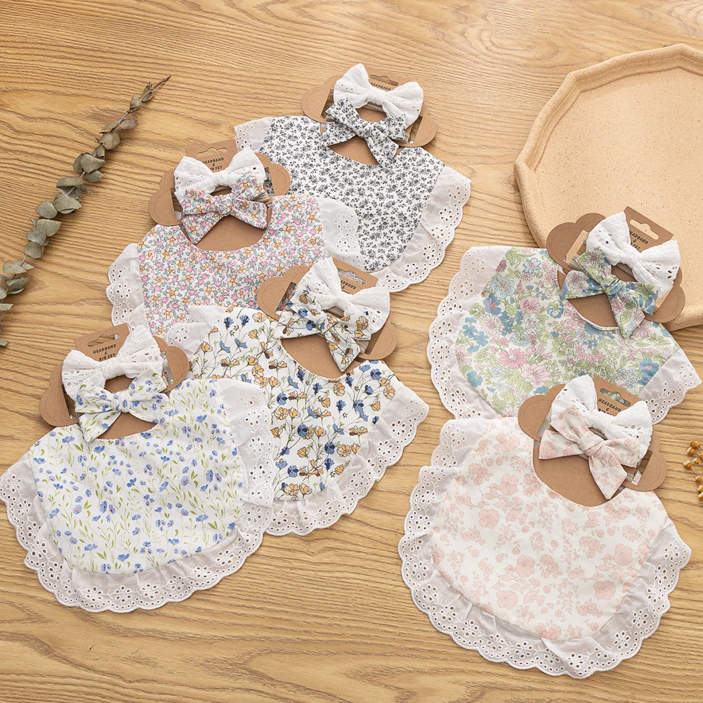 3Pcs/Lot Flower Print Embroidery Baby Bibs Headbands Bow Tie Bandana Lace Embroidery Toddler Saliva Towel Feeding Burp Cloth