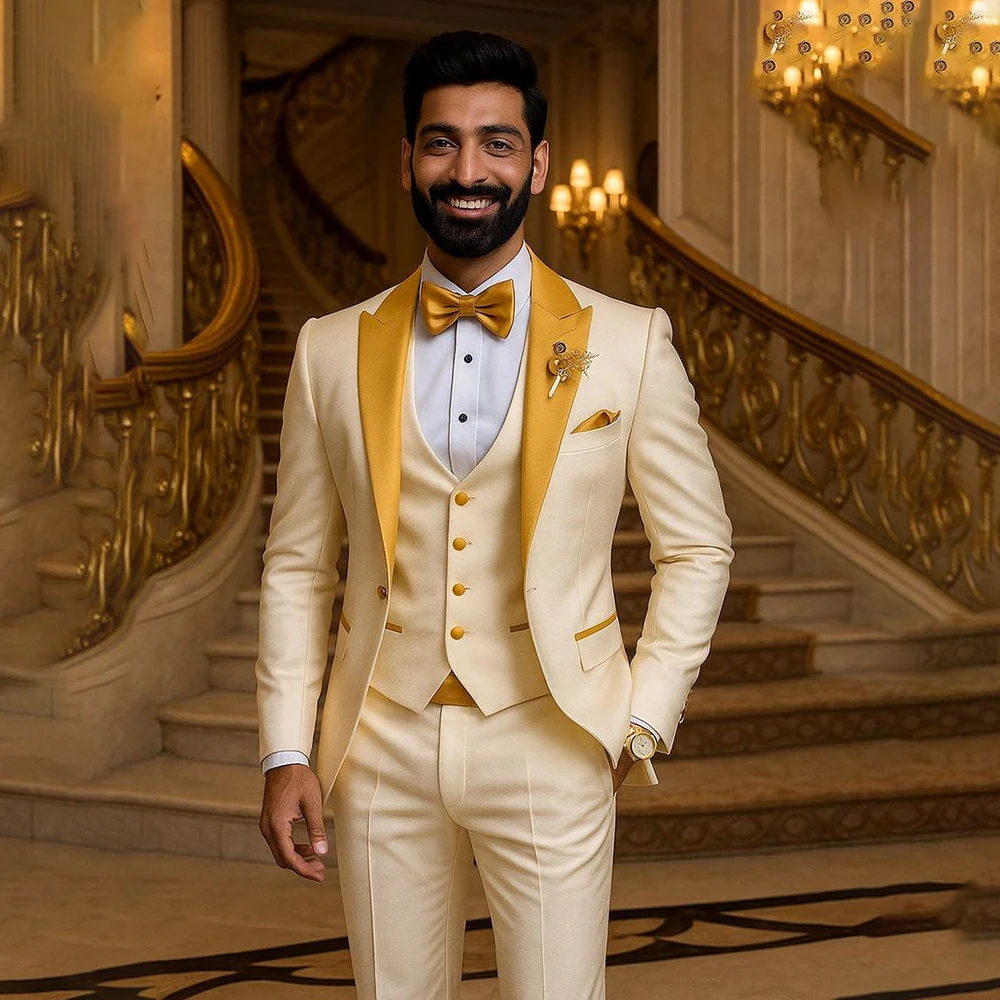 

Elegant Wedding Men's Suits Luxury Single Breasted Peak Lapel Slim Fit 3 Piece Jacket Pants Vest Male Clothing Outfits Terno