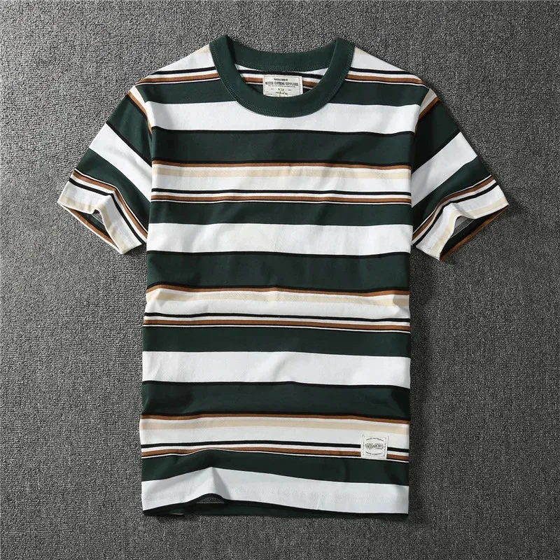 

2026 новая ретро 230 г в тяжелую полоску, индивидуальная модная футболка из чистого хлопка с короткими рукавами, контрастного цвета, базовая рубашка с круглым вырезом