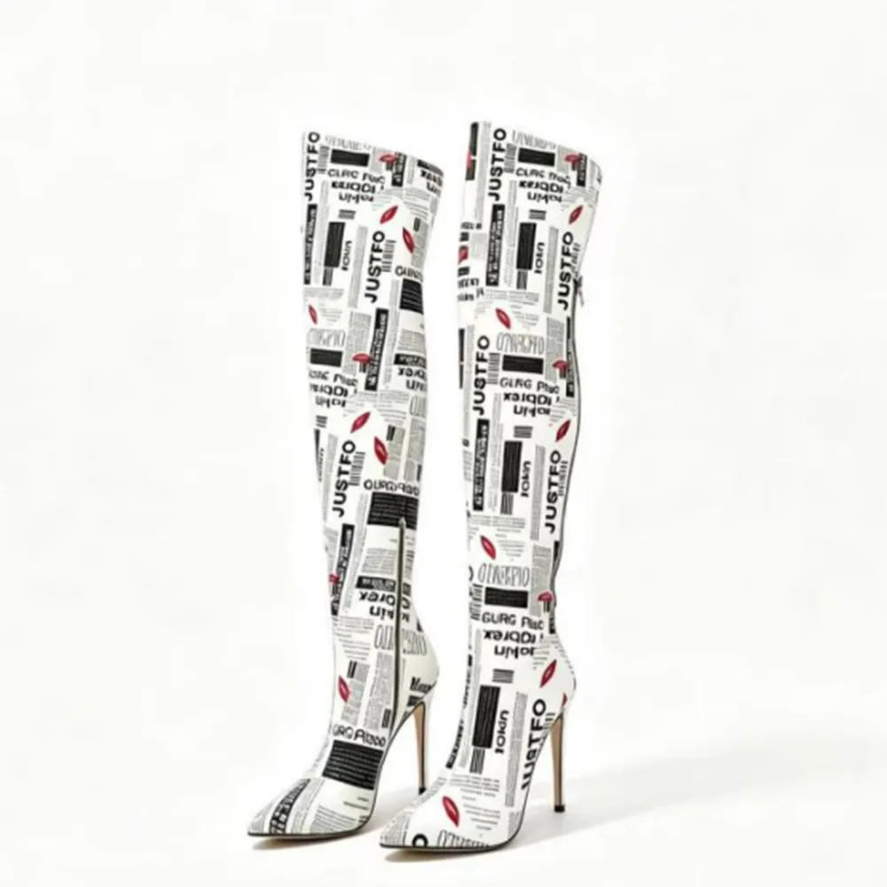 Autumn and Winter Women's Newspaper Printed Knee High Heels, Fashionable Pointed Toe Party Fashion, Women's Thigh Boots