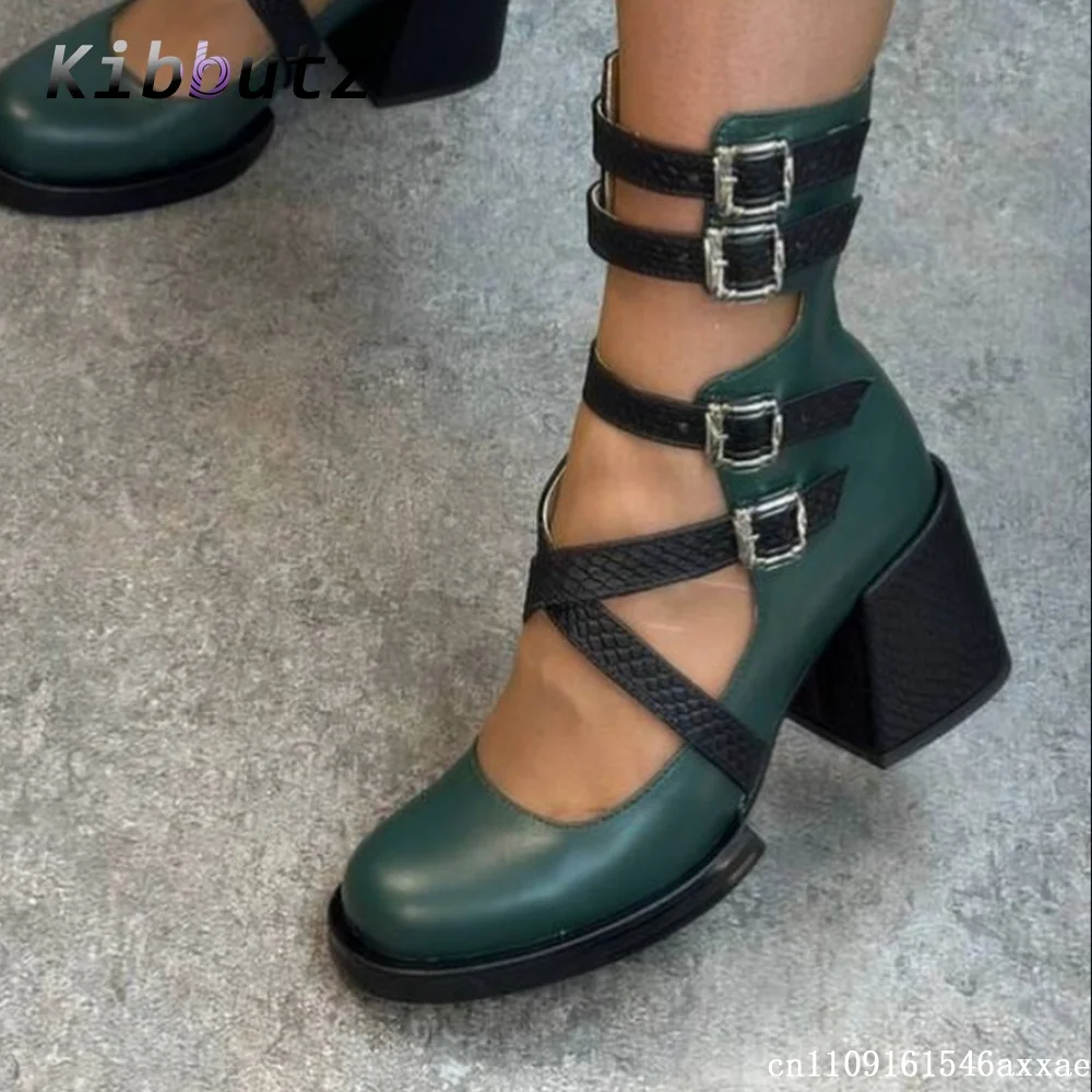 Round Toe Cutout Ankle Boots Women's Multi Buckle Straps Faux Leather Block Heel Side Zipper Ladies Stylish Gothic Daily Boots