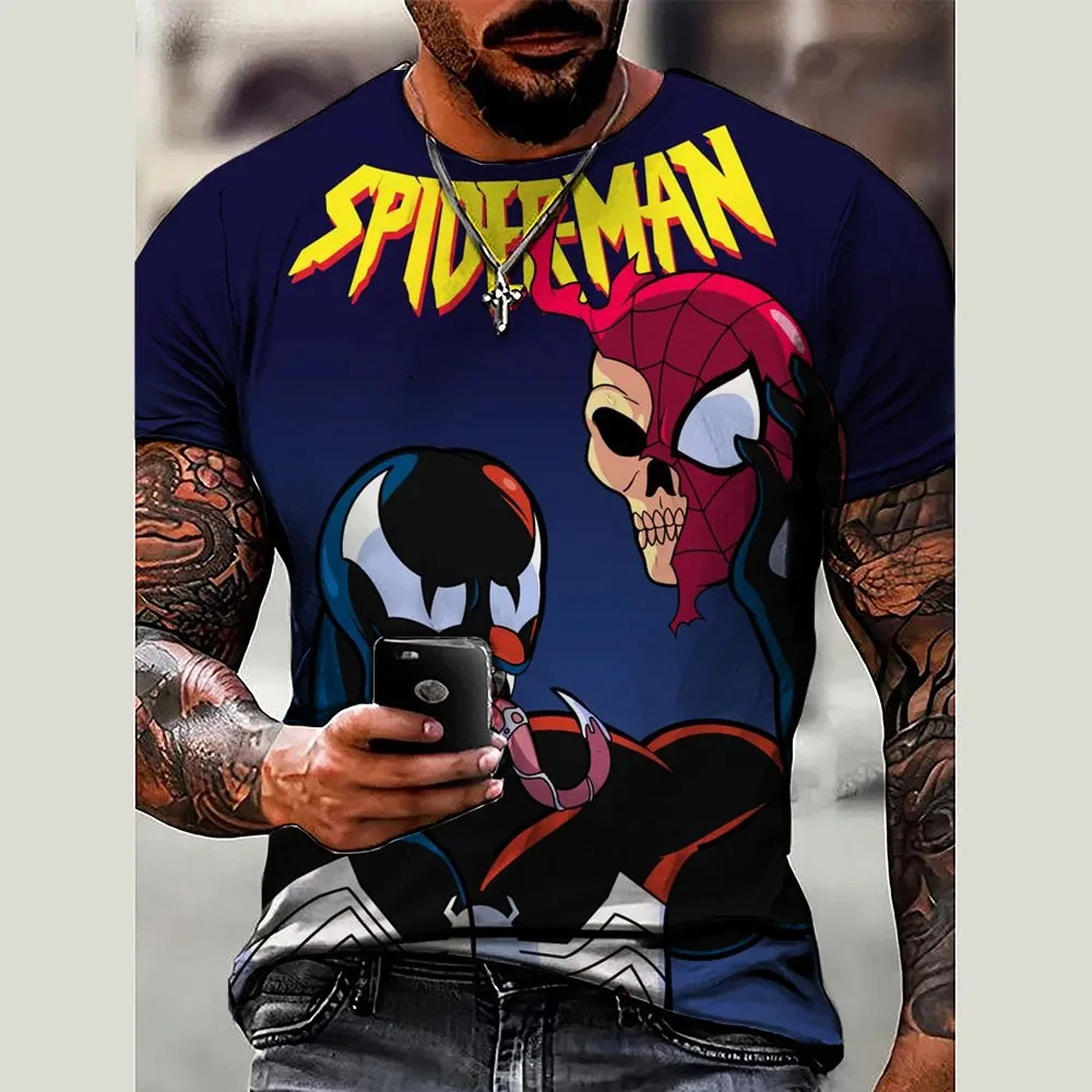 Summer Men's Casual Short-Sleeve T-shirt Marvel Spider-Man Colorful Cartoon Print Versatile for Daily Outings/Trendy Styling
